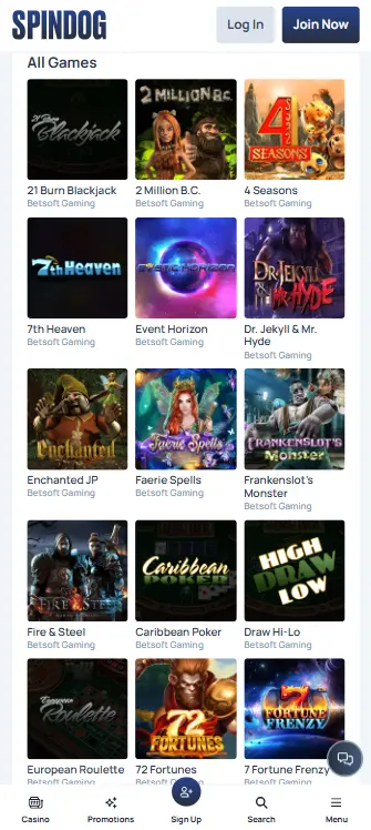 Mobile Games on Spin Dog Casino App