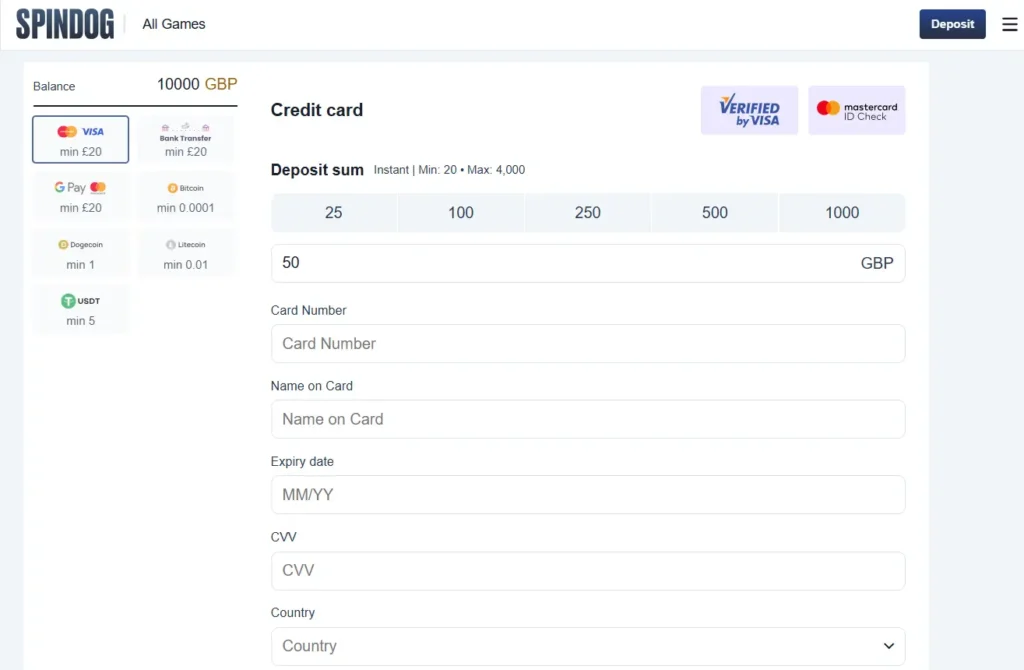 Spin Dog Casino Deposit Options