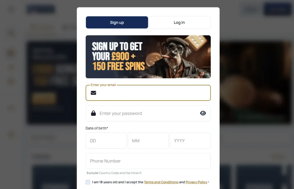 Sign Up Form before Spin Dog Casino Login